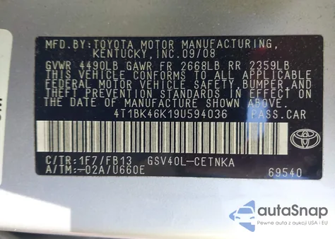 2009 Toyota Camry Le V6 z USA, uszkodzony, nr VIN 4T1BK46K19U594036